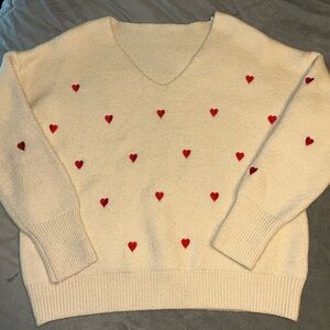 Cream Sweater with Red Heart Accents